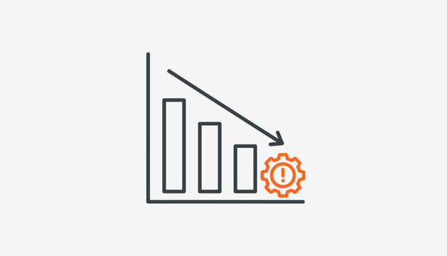 Decreasing bar chart graphic with a downward arrow and an orange warning gear indicating system performance drop.