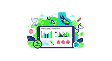 Fototapeta premium Personalized Gut Microbiome Analysis on Digital Tablet with DNA and Bacterial Data Charts