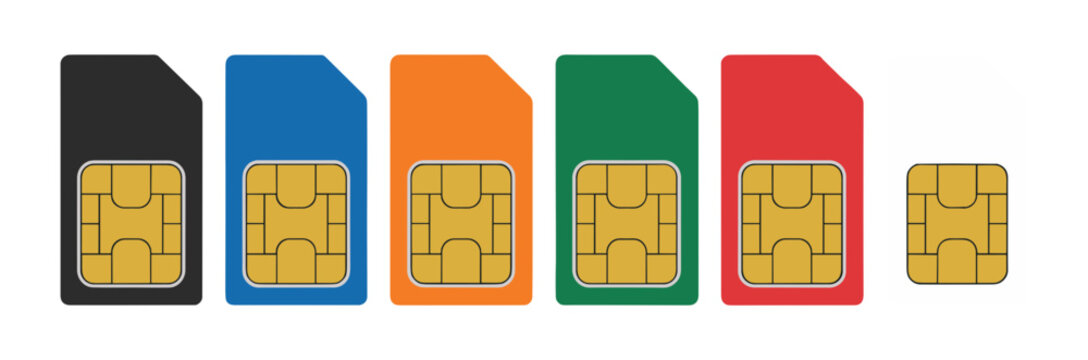 Sim Card Sizes: A collection of colorful SIM cards in various sizes, from standard to nano, showcasing the evolution of mobile technology.