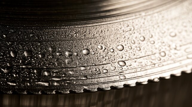 Stainless steel evaporator coil macro with condensed water droplets, industrial refrigeration detail, soft lighting