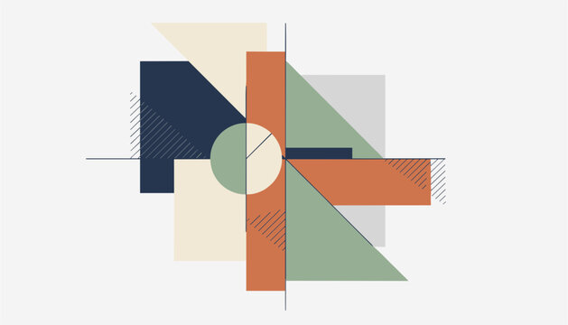 Abstract constructivist art composition featuring overlapping geometric shapes, circles, lines, and earth tones.