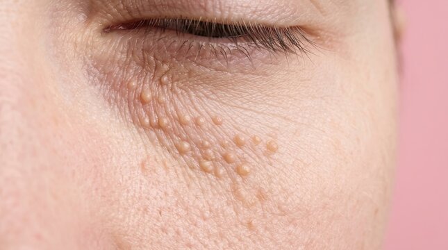 Multiple syringoma or milia bumps around eye skin close up