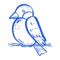 Blue hand drawn doodle bird perched on a branch