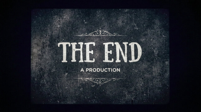 Un fotograma de pel&iacute;cula retro, con grano y ara&ntilde;azos, que muestra el texto 'THE END' en letras blancas envejecidas sobre un fondo negro desgastado y con agujeros de arrastre en los bordes.