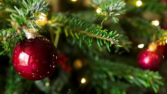 Festive video of a shiny red bauble decorating a green Christmas tree branch with warm shimmering fairy lights and beautiful soft bokeh background.