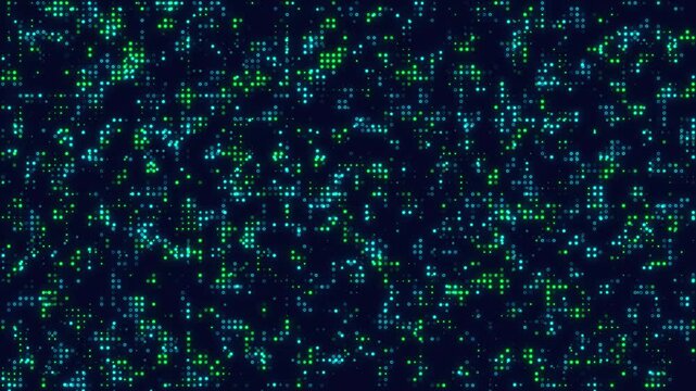 Hi tech motion graphic background, blue and red flickering dots on dark background 