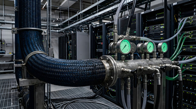 Industrial liquid cooling system pipes with bright glowing pressure gauges installed inside a massive high performance server data center facility