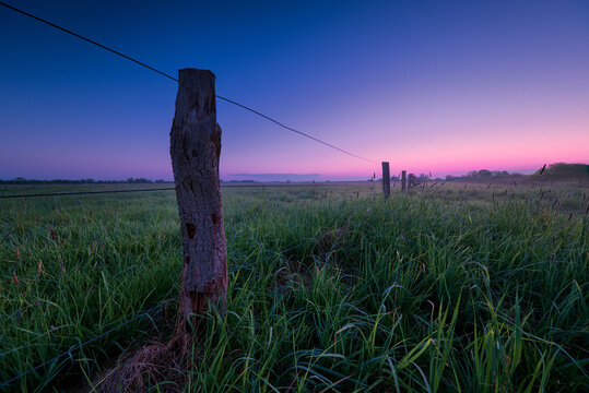 Old Wooden Fence Post in Green Meadow at Pink and Blue Twilight