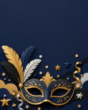 Elegant masquerade mask with feathers and golden accents on dark blue background for festive carnival design