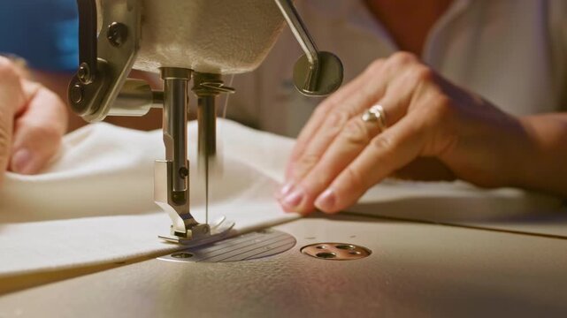 Cinematic macro shot of elderly hands guiding fabric through a sewing machine, needle moving in slow motion, soft dramatic light, detailed textures, authentic craftsmanship.