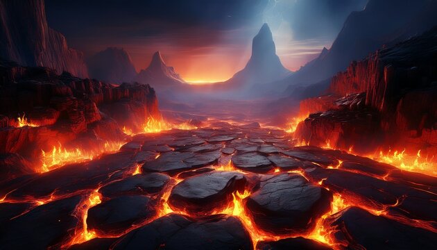 epic volcanic fire realm with cracked stone platform and glowing lava