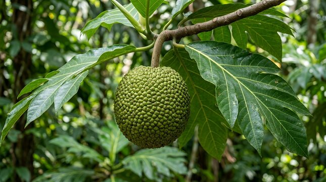 Large green breadfruit hanging from tropical tree branch.