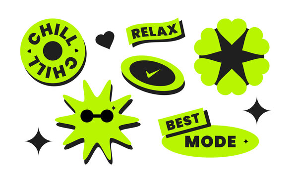 Neobrutalist Lime Black Sticker Collection with Trendy Labels, Cute Shapes and Bold Graphic Elements