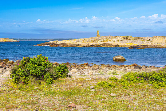 Geb&uuml;sch und Ruine an der K&uuml;ste der Insel Salt&ouml; nahe Str&ouml;mstad, Schweden
