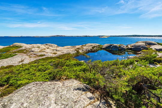 Felsen und B&auml;ume an der K&uuml;ste der Insel Ross&ouml; nahe Str&ouml;mstad, Schweden