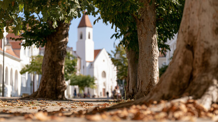 Naklejka premium Autumnal Sunlight Over a Peaceful European Church Setting for Quiet Reflection on Yom Kippur