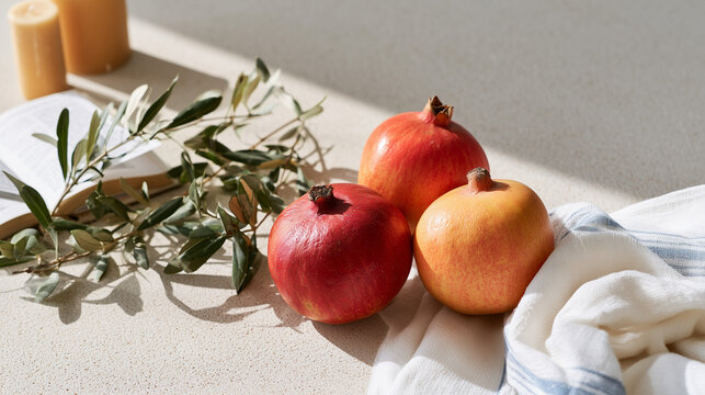 Elegant Pomegranate Still Life Table Setting for Yom Kippur Reflection and Peaceful Celebration