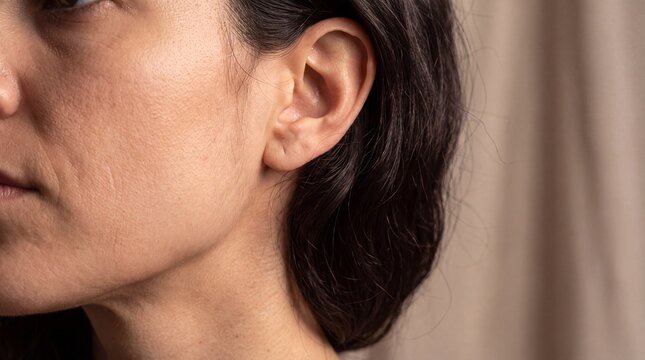 Close up portrait of woman's cheek and ear showing natural skin texture with captures detailed close focusing cheek jawline