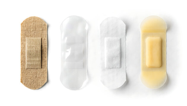 Set of four adhesive bandages isolated on white background for medical wound care