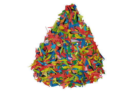 A large pile of colorful confetti pieces shaped like small festive paper stars isolated on white background