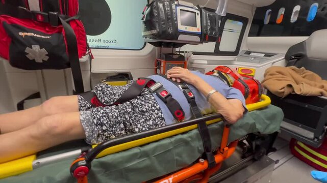 Femme &acirc;g&eacute;e dans ambulance apr&egrave;s une chute