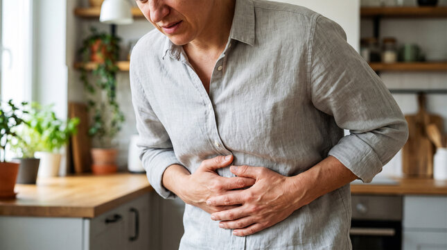 Person clutching abdomen in kitchen suffers from stomach cramps and digestive issues.