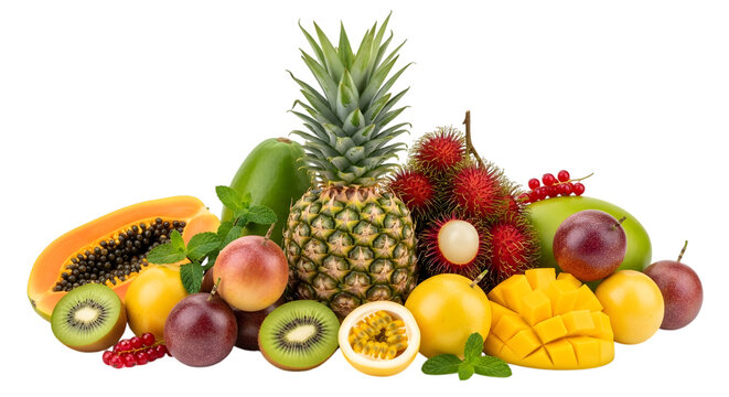 A vibrant and colorful assortment of delicious tropical and temperate fruits offering a healthy and refreshing