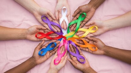 Fototapeta premium Diverse hands holding colorful awareness ribbons in a circle