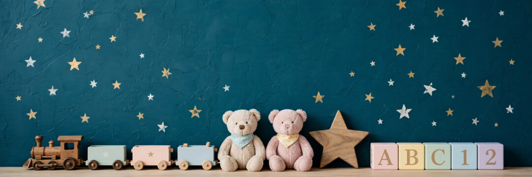 Two cute teddy bears sitting with wooden train, blocks and star decoration on starry dark blue background, concept for nursery decor, children's room and baby shower