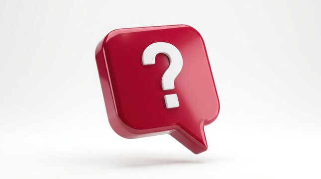 A single 3d red speech bubble with a white question mark in the center, representing inquiry, help, support, or a frequently asked question