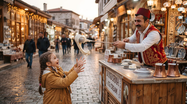 A happy Turkish ice cream vendor wearing a traditional fez and embroidered vest playfully stretches dondurma on a metal rod toward an excited young girl in a yellow jacket on a beautiful cobbleston...