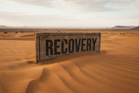 Wooden "RECOVERY" sign half-buried in a sandy desert with dunes and mountains under a cloudy sky, symbolizing hope and resilience.