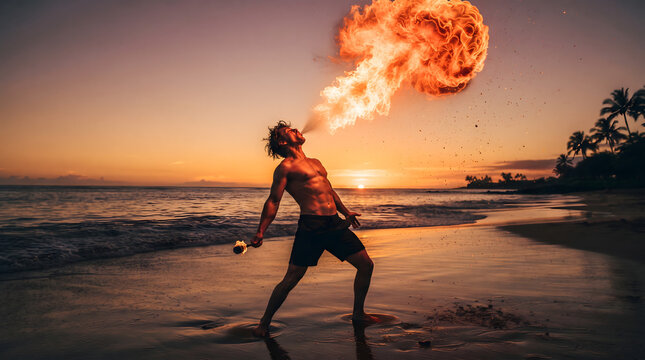A dramatic low angle shot of a muscular male fire breather performing an amazing fire-spitting stunt on a tropical beach during a golden sunset, with a massive fireball illuminating the ocean waves...
