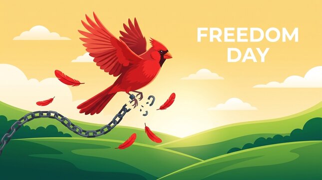 Red cardinal bird breaking chains flying freely