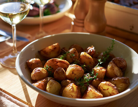 Roasted potatoes tossed with herbs and seasonings, creating a flavorful side dish for a gourmet dinner, served with white wine