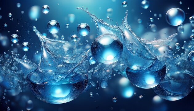 blue water bubbles and drops spray realistic ice particles splash 3d flying crystal shards droplet or gel texture for cosmetics carbonated drink soap background
