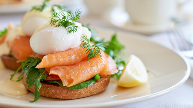 Smoked salmon eggs benedict with poached eggs, hollandaise sauce, fresh dill, arugula, and a lemon wedge, serving a gourmet breakfast or brunch meal