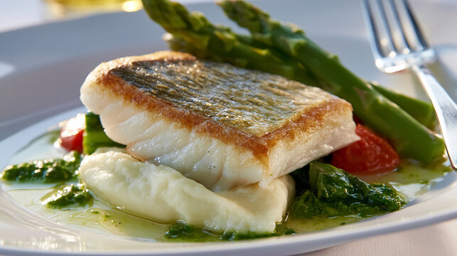 Pan fried white fish fillet with golden crispy skin, served with creamy mashed potatoes, green asparagus, and roasted cherry tomatoes