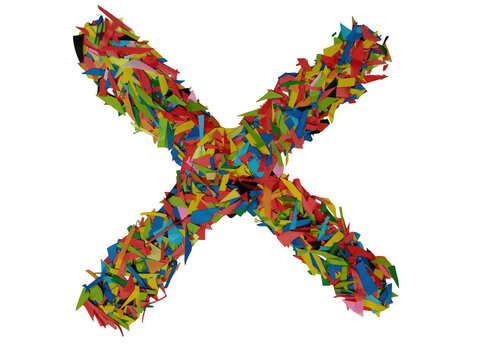 Colorful letter x made of small bright party confetti pieces isolated on white background