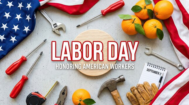 Labor day celebration with tools fruit and an american flag flat lay composition