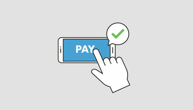 Hand clicking pay button on a mobile phone screen with a green check mark symbol indicating successful payment.