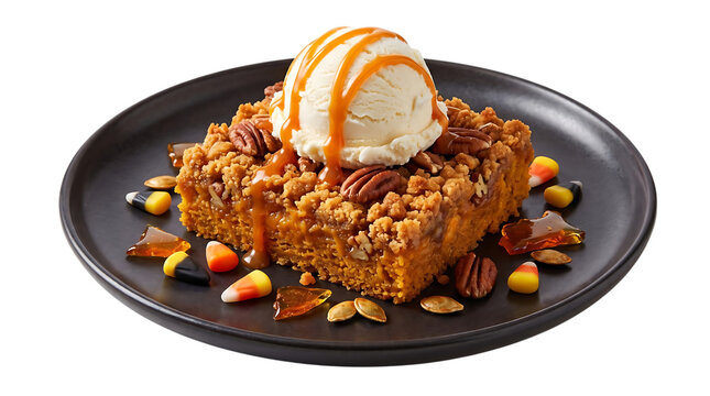 Delicious pumpkin dessert with ice cream and candy corn for a spooky halloween treat isolated on transparent background