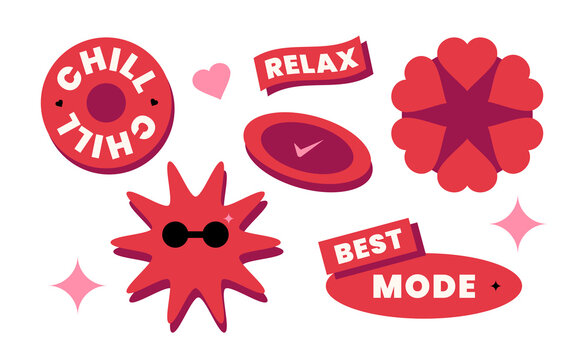 Neobrutalist Cherry Red Sticker Collection with Trendy Labels, Cute Shapes and Bold Graphic Elements