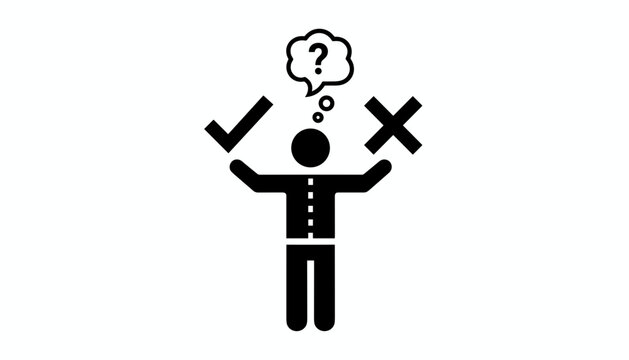 Pictogram of a person making a decision holding a black check mark in one hand and a cross in the other.