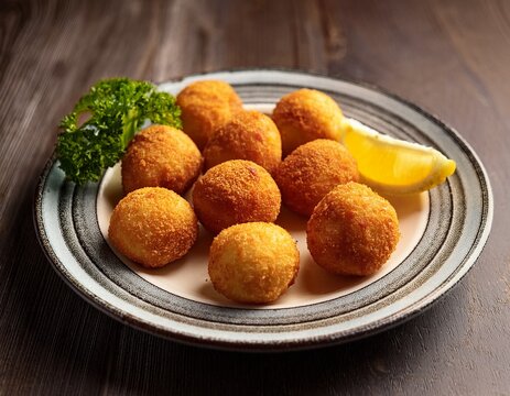 homemade cheese croquettes on a plate with some lemon on the side