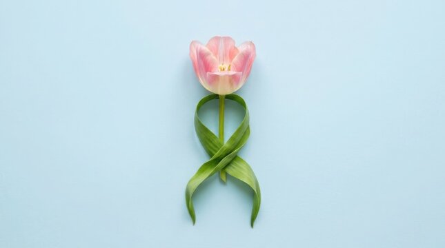 A single pink tulip with leaves shaped like a ribbon on blue background