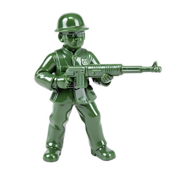 Glossy green molded plastic german wwii toy soldier holding mg42 machine gun with detailed uniform on clean white background