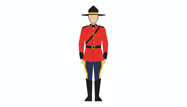 Full-body vector illustration of a Canadian Mountie standing in his traditional red serge uniform and brown campaign hat.