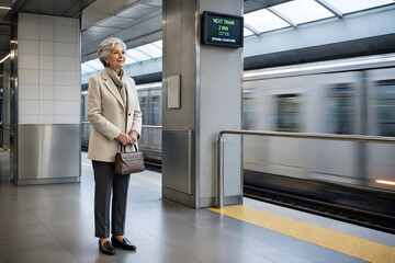 Fototapeta premium Elegant Senior Woman Standing Patiently On Modern Subway Platform Waiting For Arriving Train While Holding Her Stylish Leather Handbag Under Bright Indoor Station Lighting Conditions