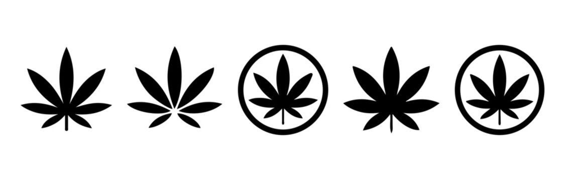 Black marijuana leaf icon set with circle frames for cannabis company logo or wellness shop branding.
